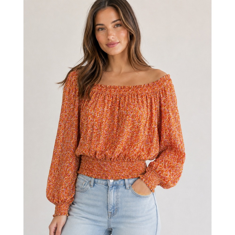 Cynthia Rowley Orange Floral Smocked Peasant Blouse Size L Balloon Sleeve